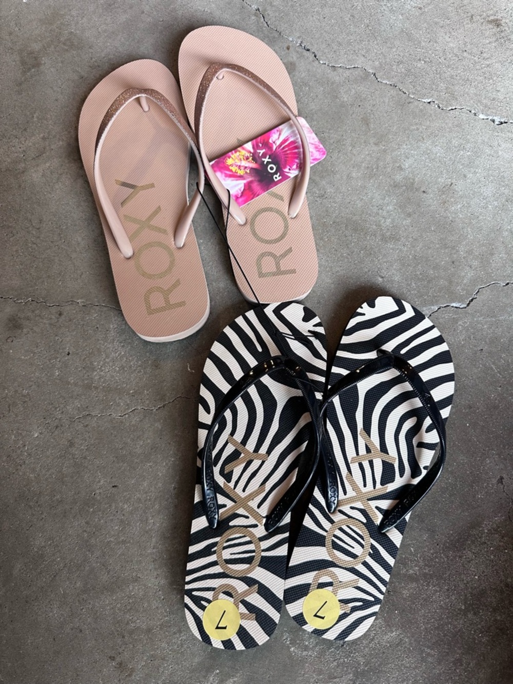 Roxy Two-Pack Flip Flops - Blush Pink & Black Zebra